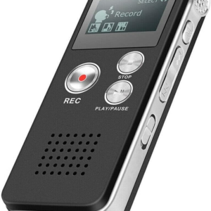 Portable digital voice recorder with LCD screen, playback and record buttons, and built-in microphone