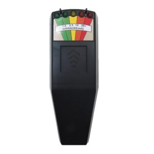 Handheld 5-LED EMF meter displaying milligauss reading while measuring magnetic field strength