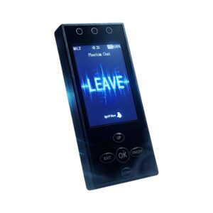 Portable ghost-hunting spirit communication device showing the word LEAVE on its LCD screen