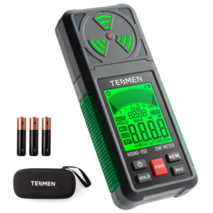 Handheld digital EMF meter with LCD display and two AA batteries on white background