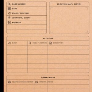 Cover of a paranormal investigation log book showing template fields for case details, location, witnesses, and observations