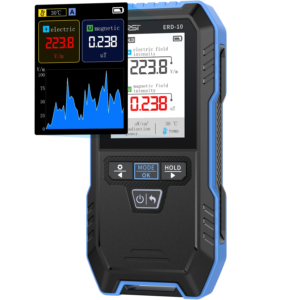 Handheld digital EMF and electric field meter with LCD screen, buttons and data-hold function.