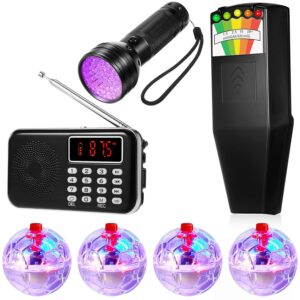 Set of ghost hunting kit: EMF meter, digital ghost radio, UV flashlight and four LED glowing orb pet toys on tabletop.