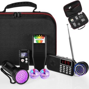 Paranormal investigation ghost hunting kit with EMF meter, digital voice recorder, UV flashlight, radio, and carrying case