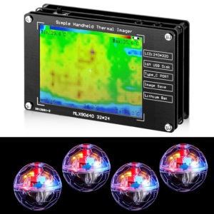 Handheld thermal imager with colorful heat-map display and four glowing LED sensor balls