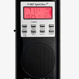 P-SB7 spirit box handheld ITC device with speaker grille, digital display and control knobs on white background.