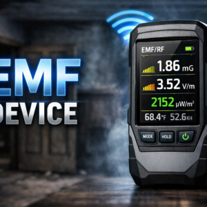 High-tech EMF meter with glowing display measuring electromagnetic field radiation in a dark room.