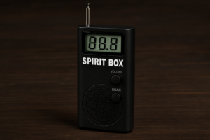 Digital spirit box with lit LCD screen and speaker on a wooden tabletop.