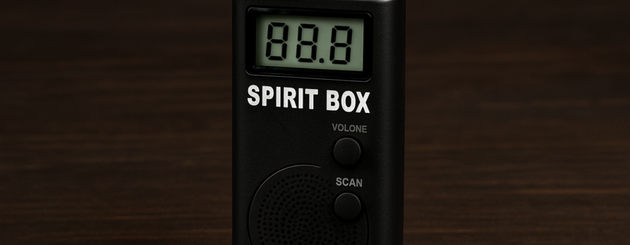 Digital spirit box with lit LCD screen and speaker on a wooden tabletop.