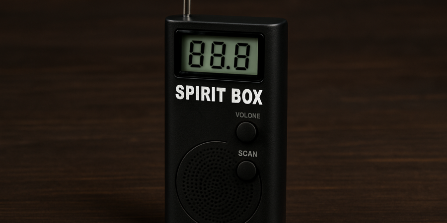 Digital spirit box with lit LCD screen and speaker on a wooden tabletop.