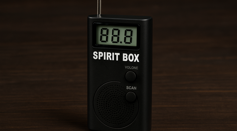 Digital spirit box with lit LCD screen and speaker on a wooden tabletop.