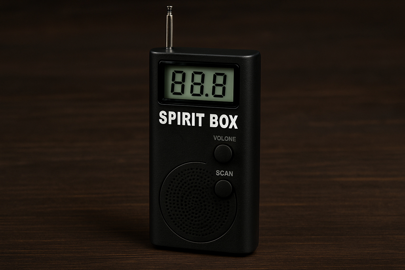 Digital spirit box with lit LCD screen and speaker on a wooden tabletop.