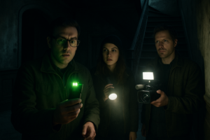 Three paranormal investigators with flashlights and a camera exploring a dark, eerie building