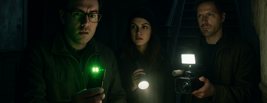 Three paranormal investigators with flashlights and a camera exploring a dark, eerie building