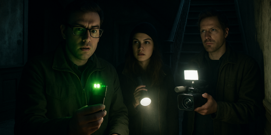 Three paranormal investigators with flashlights and a camera exploring a dark, eerie building