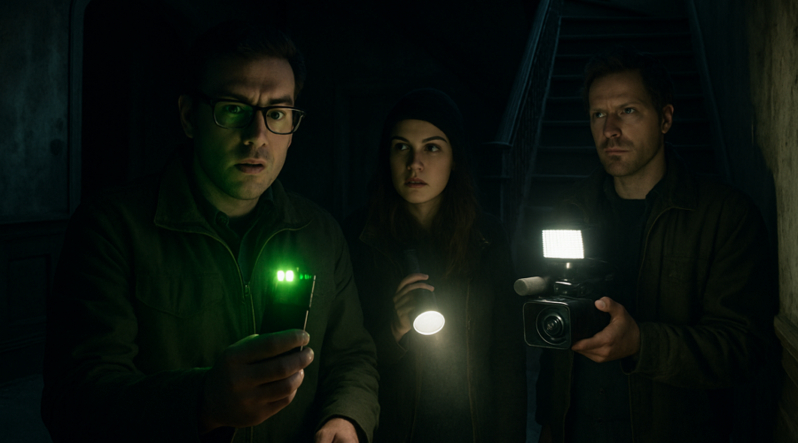 Three paranormal investigators with flashlights and a camera exploring a dark, eerie building