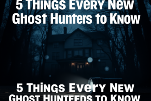 Infographic titled 5 essential tips for new ghost hunters showing flashlight, recorder, checklist