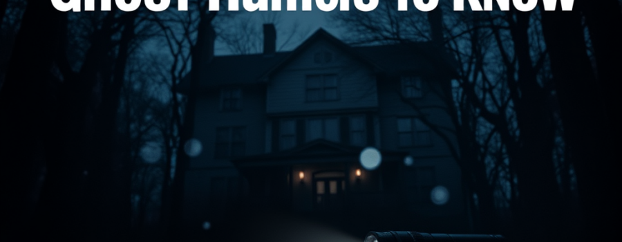 Infographic titled 5 essential tips for new ghost hunters showing flashlight, recorder, checklist