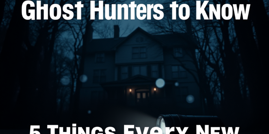 Infographic titled 5 essential tips for new ghost hunters showing flashlight, recorder, checklist