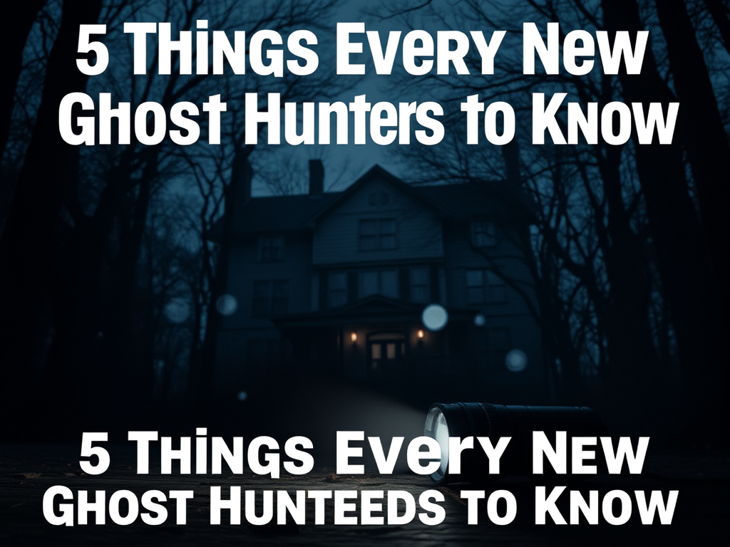 Infographic titled 5 essential tips for new ghost hunters showing flashlight, recorder, checklist