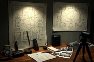 Forensic investigation workspace with crime scene diagrams, communication devices and photographic evidence laid out.
