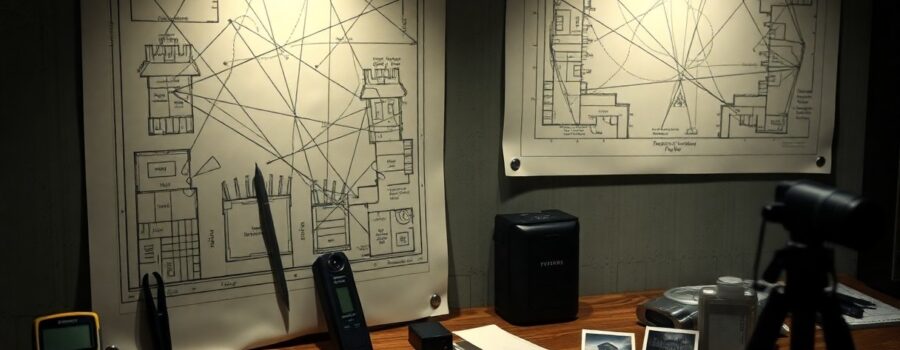 Forensic investigation workspace with crime scene diagrams, communication devices and photographic evidence laid out.