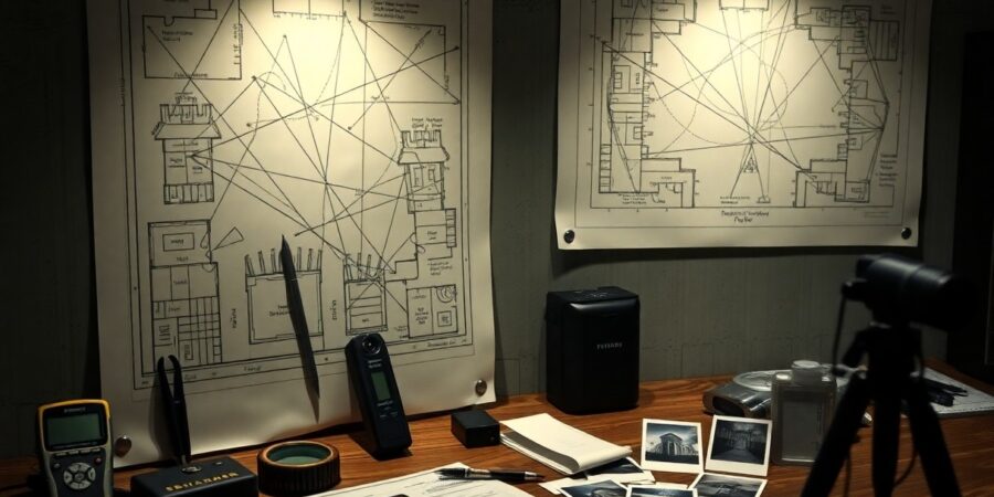 Forensic investigation workspace with crime scene diagrams, communication devices and photographic evidence laid out.
