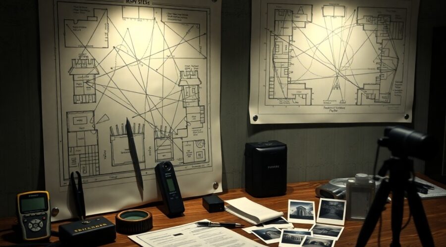 Forensic investigation workspace with crime scene diagrams, communication devices and photographic evidence laid out.