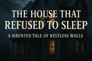 Dark haunted house at night with glowing windows beneath a full moon