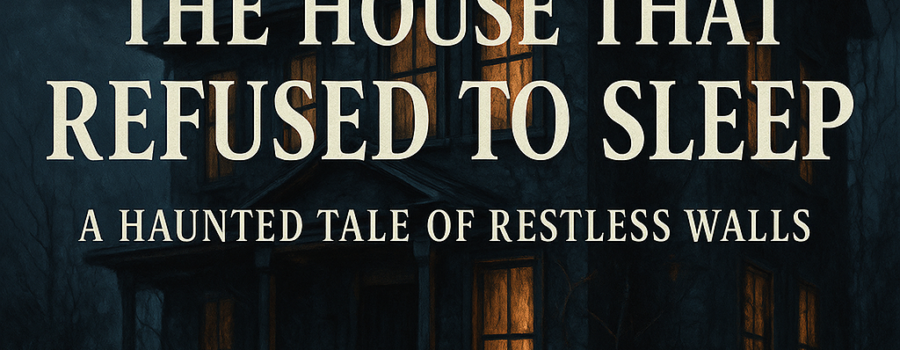 Dark haunted house at night with glowing windows beneath a full moon