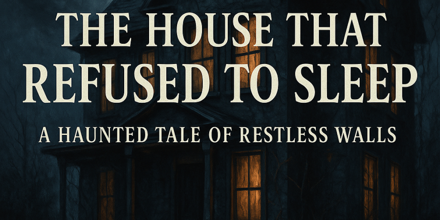 Dark haunted house at night with glowing windows beneath a full moon