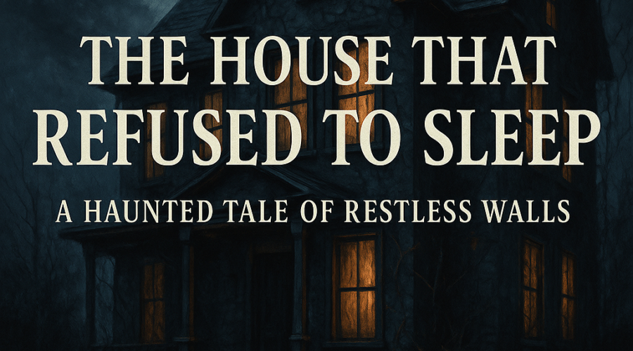 Dark haunted house at night with glowing windows beneath a full moon