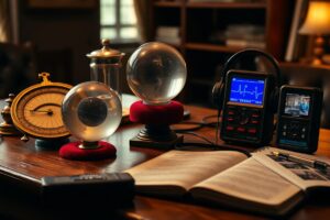 Vintage paranormal investigation setup: crystal balls, electronic devices and open book on a wooden table.