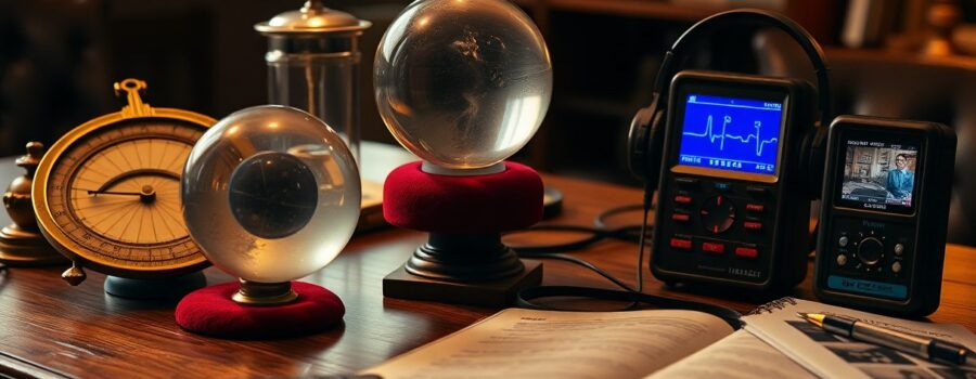 Vintage paranormal investigation setup: crystal balls, electronic devices and open book on a wooden table.