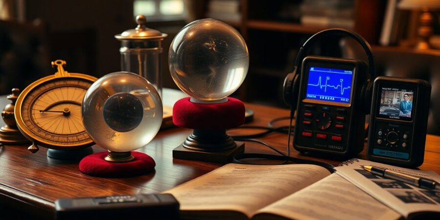 Vintage paranormal investigation setup: crystal balls, electronic devices and open book on a wooden table.