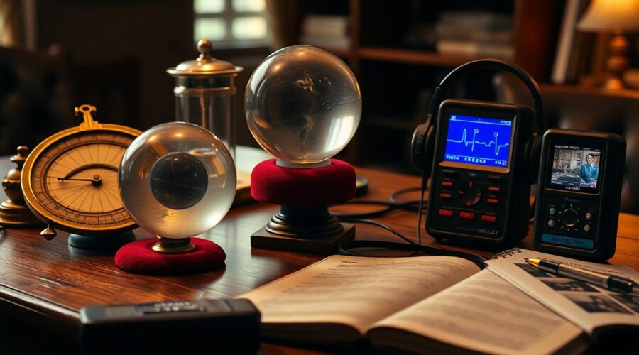 Vintage paranormal investigation setup: crystal balls, electronic devices and open book on a wooden table.