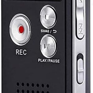 Compact digital voice recorder with built-in microphone, display and playback controls, USB rechargeable, 16GB storage