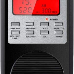 Black portable spirit box with backlit LCD, speaker, antenna and controls for ghost-hunting investigations