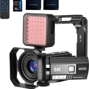 5K night-vision camcorder with LED light panel, touchscreen, remote control, dual batteries, handheld grip and 32GB card