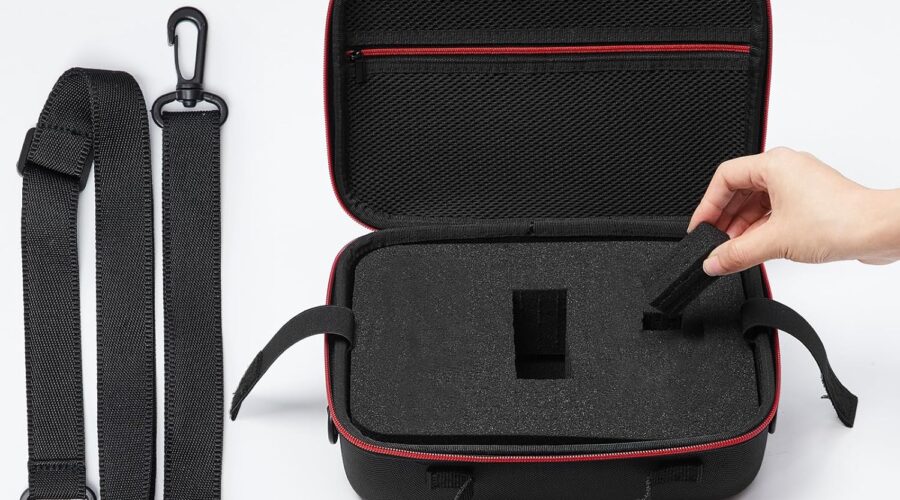 Black foam-lined DIY storage bag with customizable inserts and detachable shoulder strap, open to show compartments