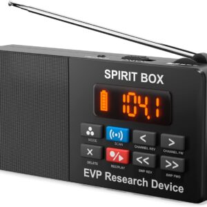 Compact ghost-hunting spirit box with antenna, control buttons, display and 32GB card for EVP recording.