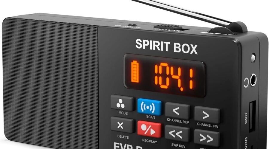 Compact ghost-hunting spirit box with antenna, control buttons, display and 32GB card for EVP recording.