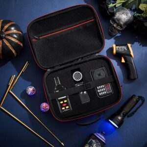 Portable ghost hunting kit in black case showing EMF meter, thermometer, UV flashlight, voice recorder, LED light-up balls.