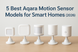 White Aqara motion sensor on white background, compact rectangular motion detector for smart home automation