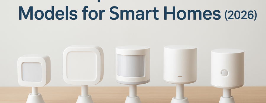 White Aqara motion sensor on white background, compact rectangular motion detector for smart home automation