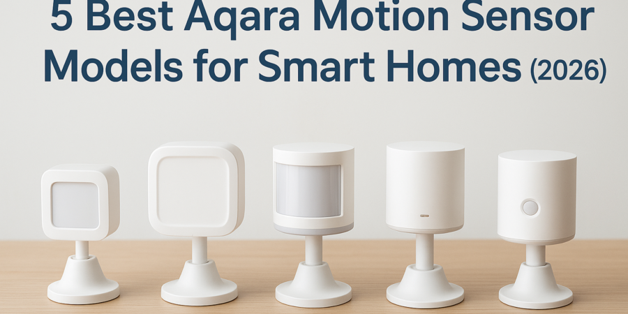 White Aqara motion sensor on white background, compact rectangular motion detector for smart home automation