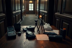Paranormal investigation gear on wooden table in dim hallway.