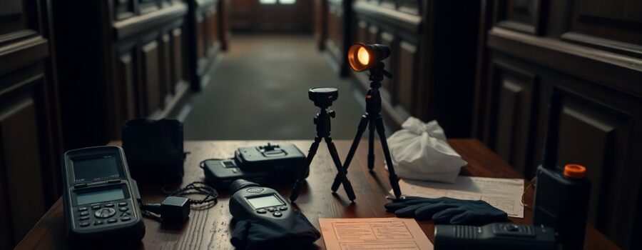 Paranormal investigation gear on wooden table in dim hallway.