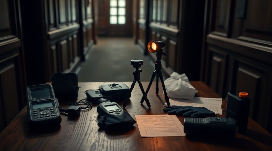 Paranormal investigation gear on wooden table in dim hallway.