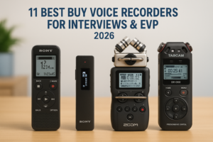 Row of 11 voice recorders and handheld digital recorders for interviews and EVP, assorted models on white background